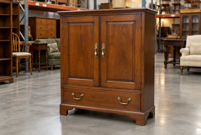 Gut erhaltener Holzschrank in einer Lagerhalle