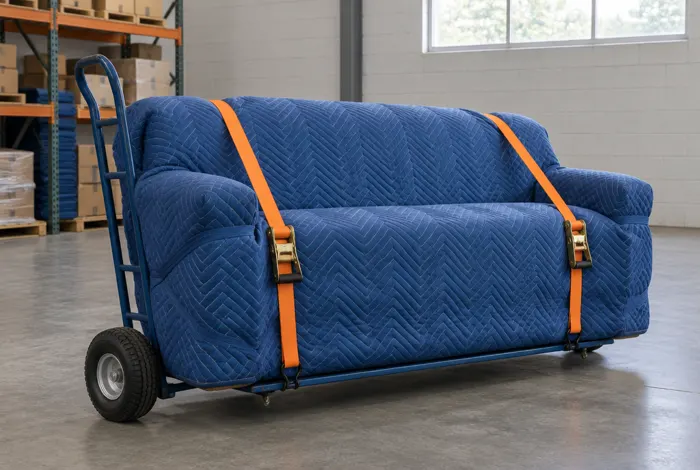 Ein in eine Umzugsdecke gewickeltes Sofa auf einer Sackkarre, bereit zur Abholung