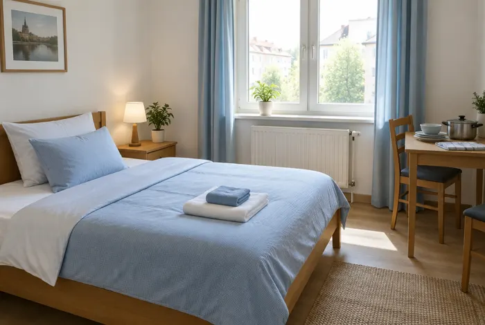Schlicht und freundlich eingerichtetes Schlafzimmer mit frisch bezogenem Bett